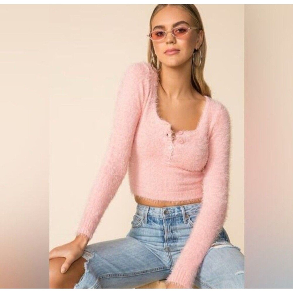 Superdown Revolve Nichole Fuzzy Cropped Pink Sweater M Coquette Soft Girl